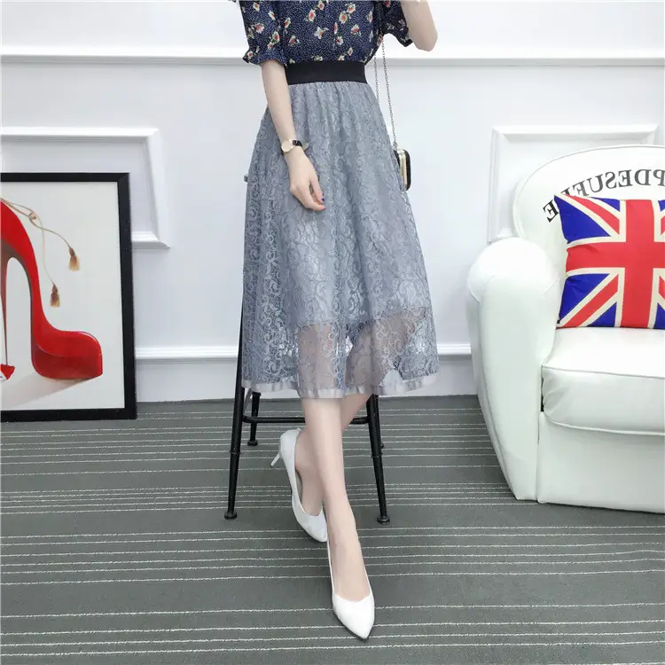 2026 Lace Mid-Length Blue Mesh Skirt with High Waist — feature 28