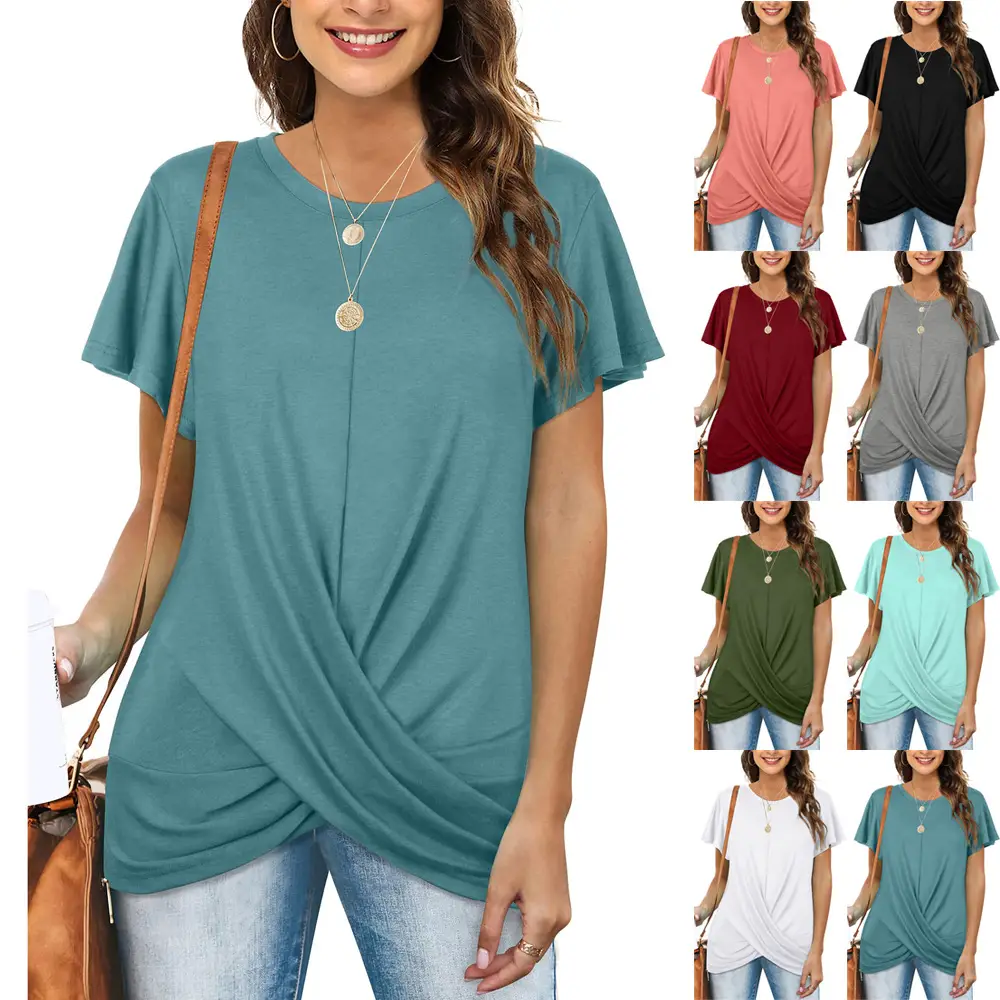 Women's Maroon Twist Pleated T-Shirt Short Sleeve - Image 8