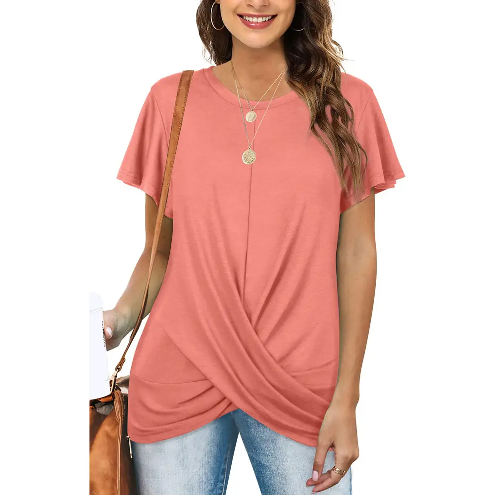 Women's Maroon Twist Pleated T-Shirt Short Sleeve - Image 2