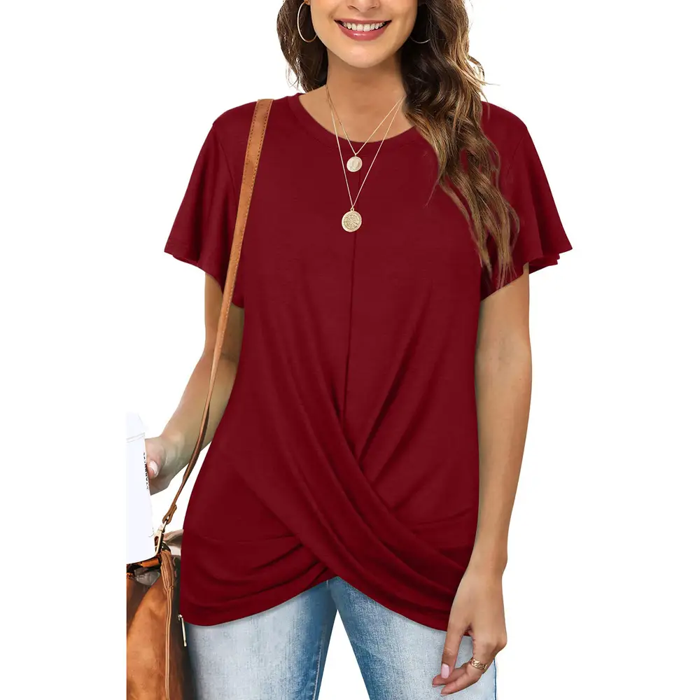 Women's Maroon Twist Pleated T-Shirt Short Sleeve - Image 5