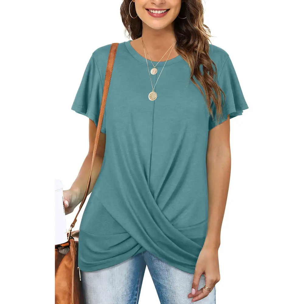 Women's Maroon Twist Pleated T-Shirt Short Sleeve - Image 4
