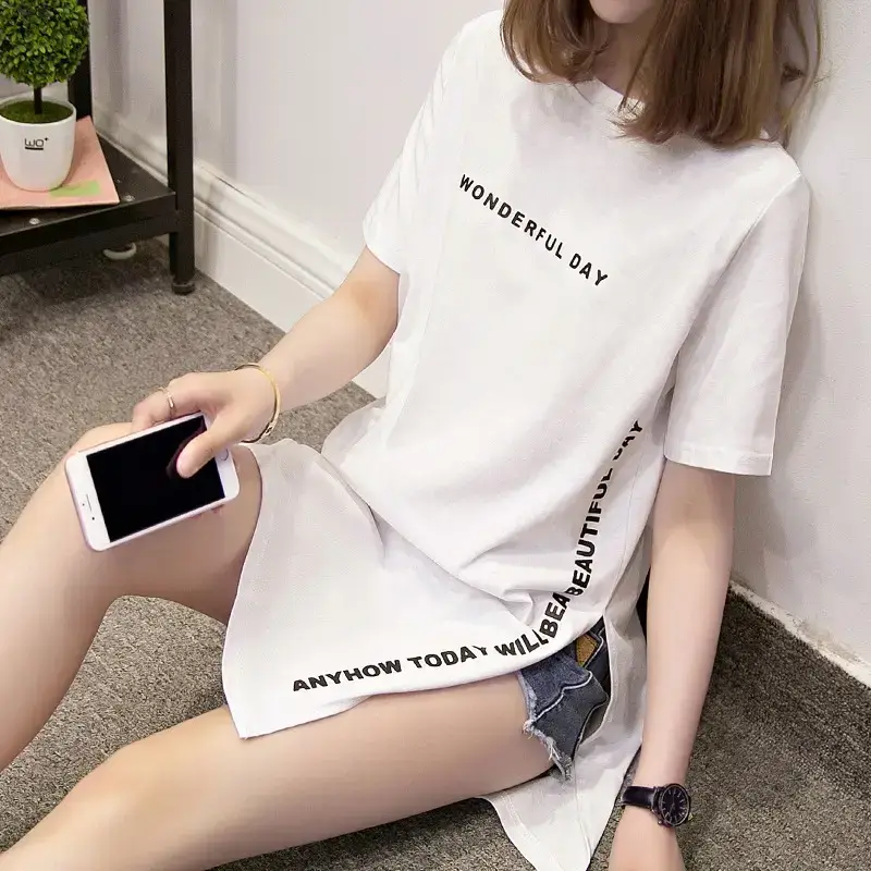 Women White Letter Slit T-Shirt Mid Length Loose Summer - Image 3