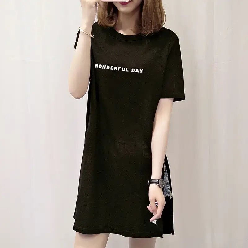 Women White Letter Slit T-Shirt Mid Length Loose Summer - Image 5