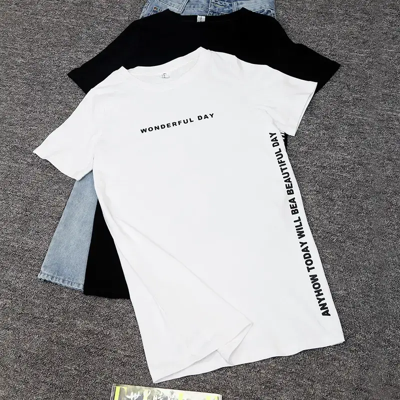 Women White Letter Slit T-Shirt Mid Length Loose Summer - Image 6