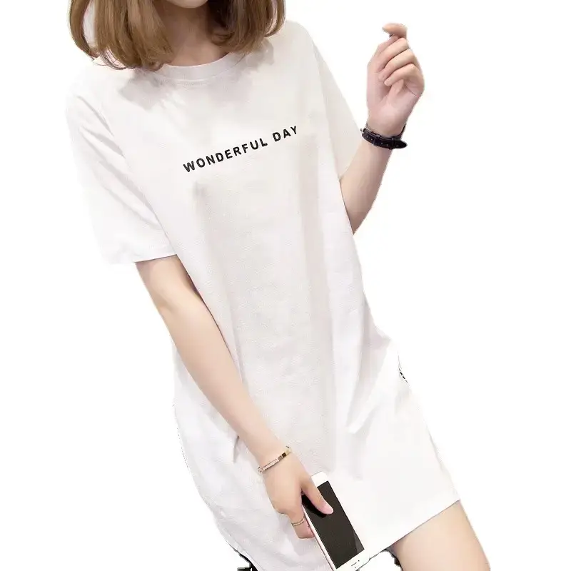 Women White Letter Slit T-Shirt Mid Length Loose Summer - Image 7