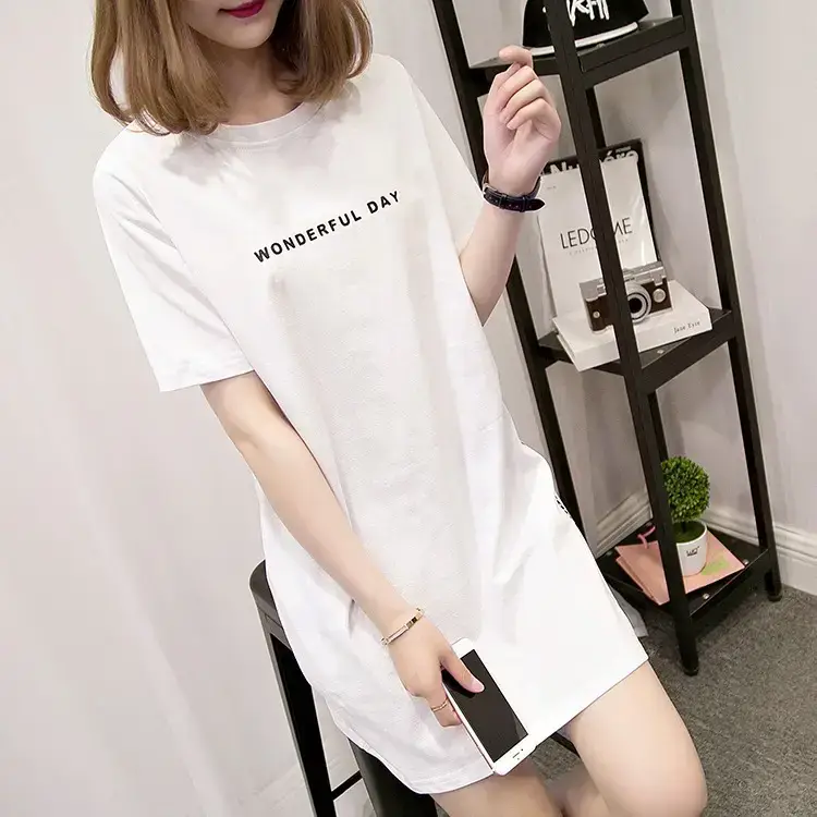 Women White Letter Slit T-Shirt Mid Length Loose Summer — feature 11
