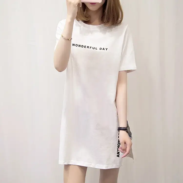 Women White Letter Slit T-Shirt Mid Length Loose Summer — feature 12