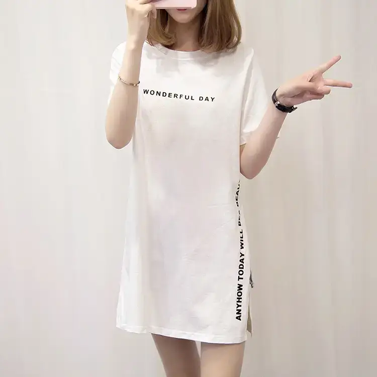 Women White Letter Slit T-Shirt Mid Length Loose Summer — feature 13
