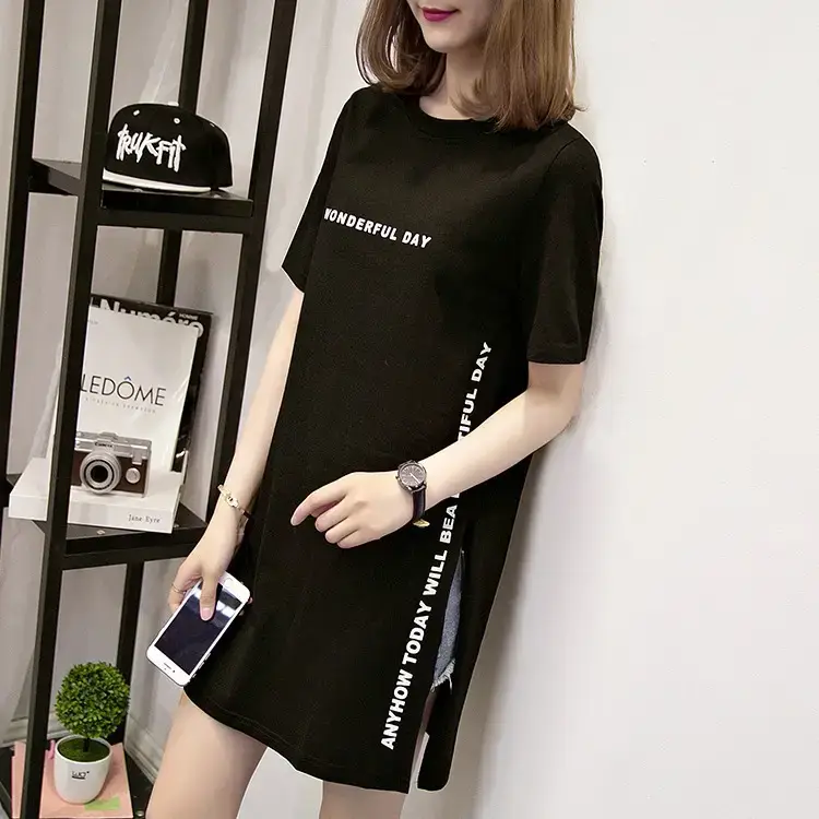 Women White Letter Slit T-Shirt Mid Length Loose Summer — feature 15