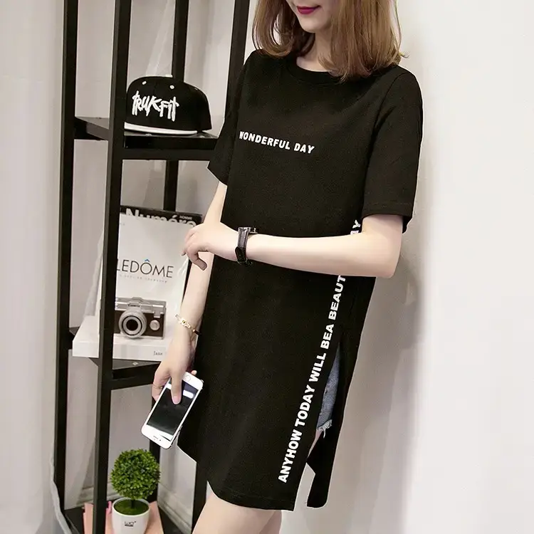 Women White Letter Slit T-Shirt Mid Length Loose Summer — feature 16