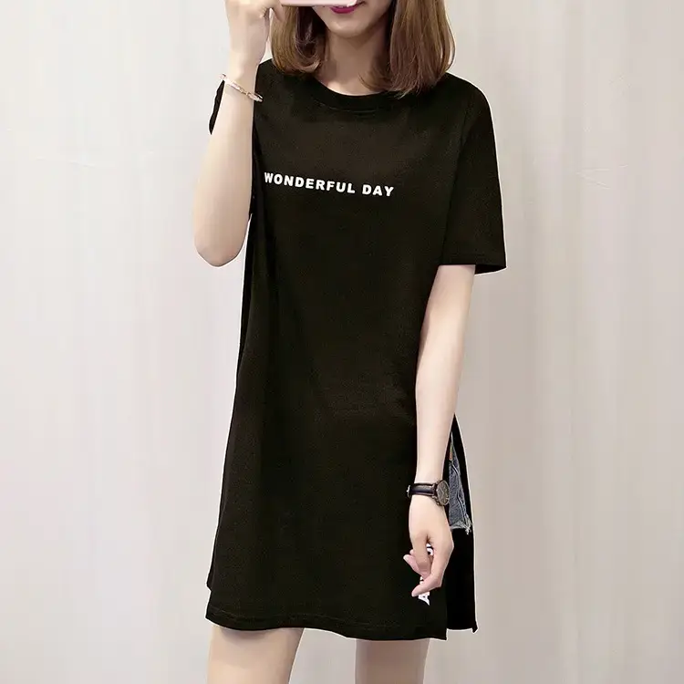 Women White Letter Slit T-Shirt Mid Length Loose Summer — feature 17