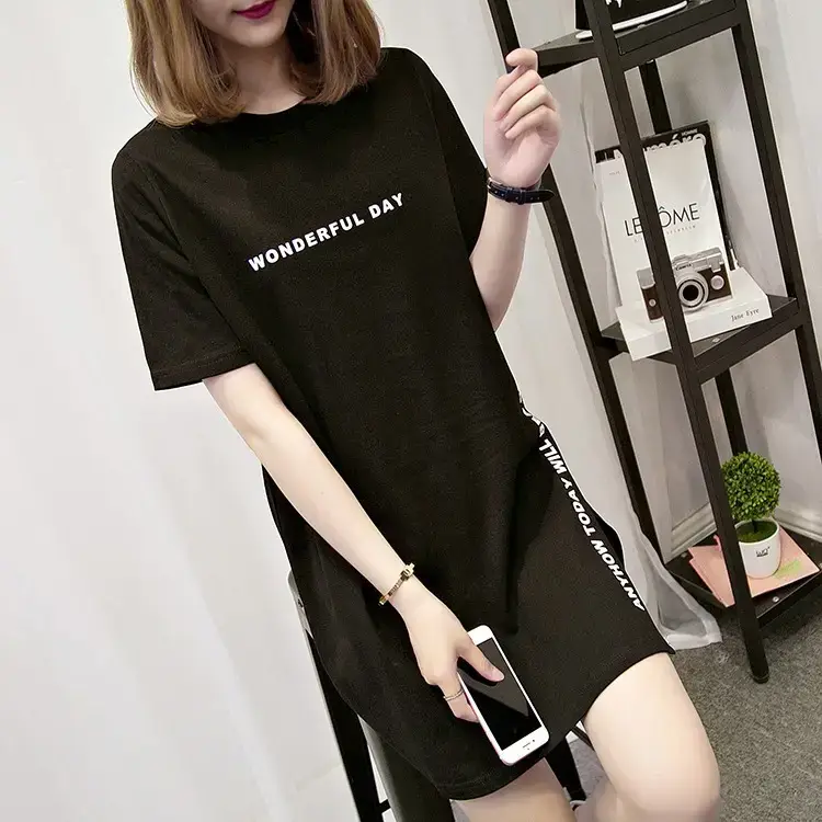 Women White Letter Slit T-Shirt Mid Length Loose Summer — feature 19