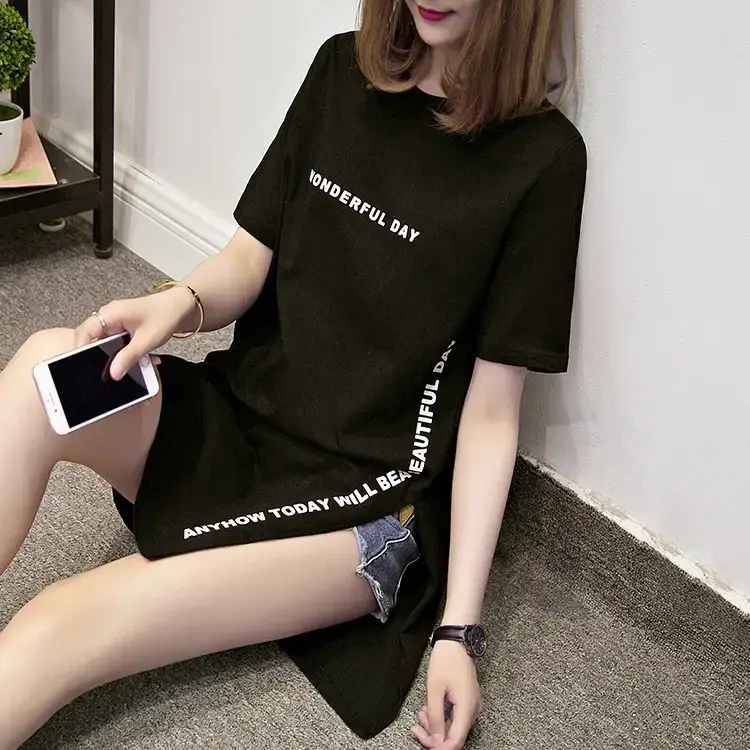 Women White Letter Slit T-Shirt Mid Length Loose Summer — feature 20