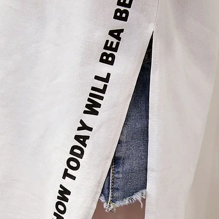 Women White Letter Slit T-Shirt Mid Length Loose Summer — feature 22