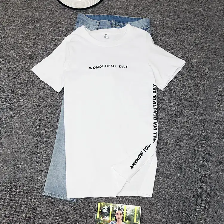Women White Letter Slit T-Shirt Mid Length Loose Summer — feature 5