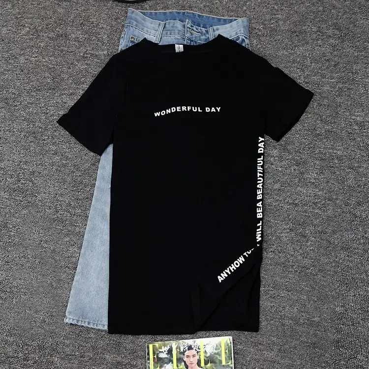 Women White Letter Slit T-Shirt Mid Length Loose Summer — feature 6