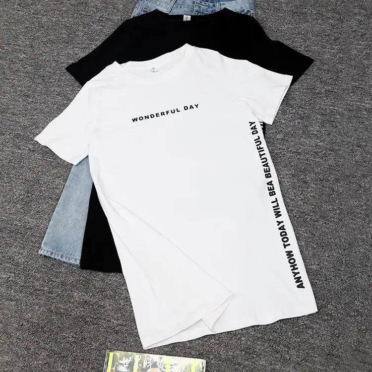 Women White Letter Slit T-Shirt Mid Length Loose Summer — feature 7