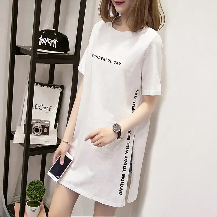Women White Letter Slit T-Shirt Mid Length Loose Summer — feature 9