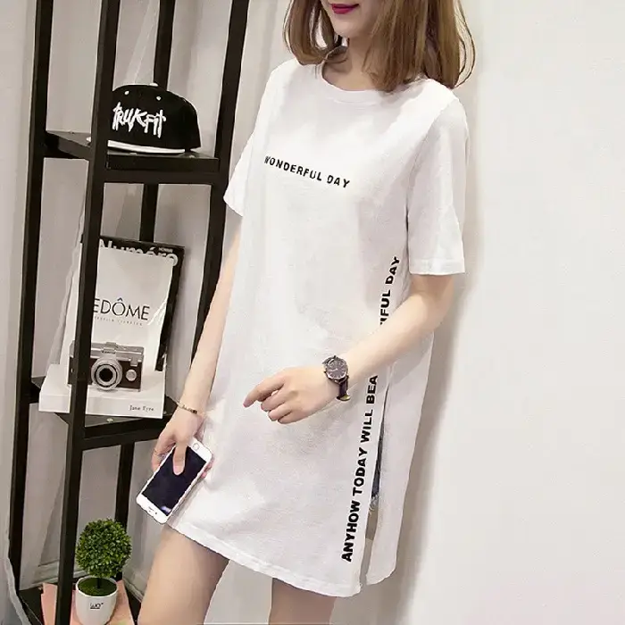 Women White Letter Slit T-Shirt Mid Length Loose Summer - Image 2