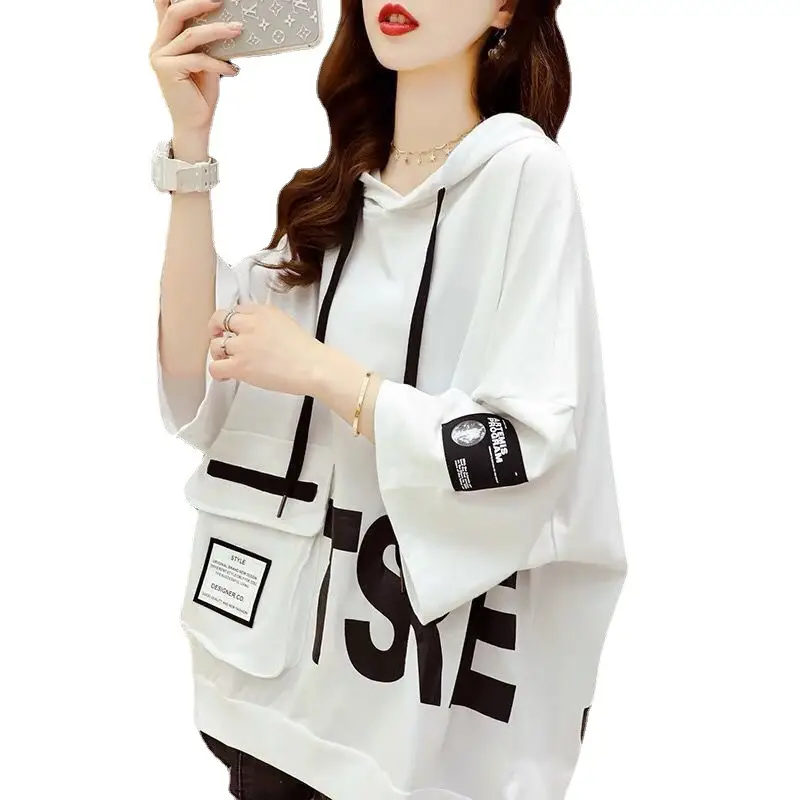Women Korean Hooded Short Sleeve T-Shirt White Large - Image 17