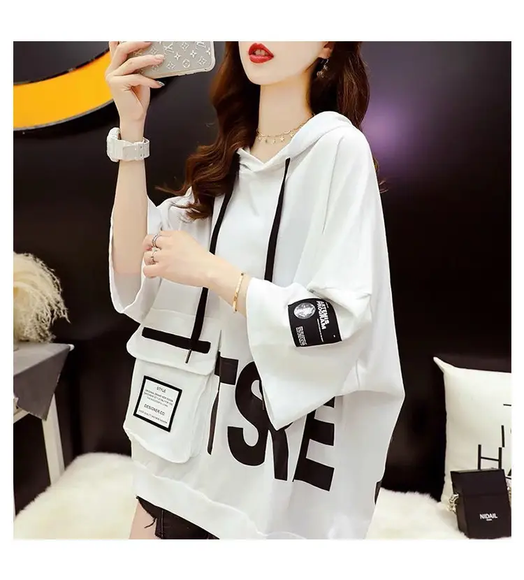 Women Korean Hooded Short Sleeve T-Shirt White Large — feature 23