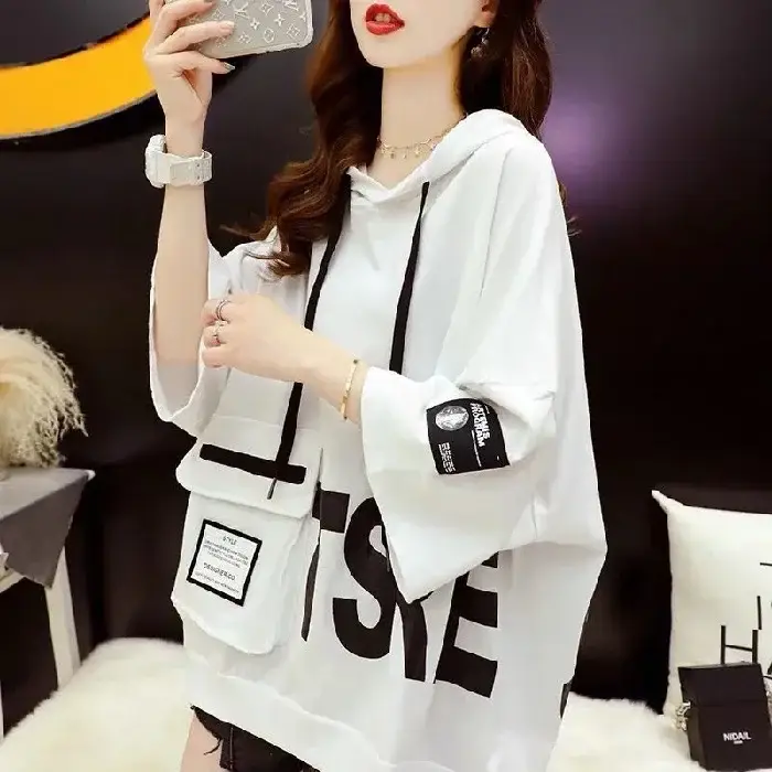 Women Korean Hooded Short Sleeve T-Shirt White Large - Image 7