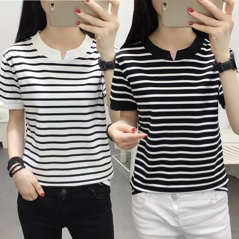 Women Striped Cotton T-Shirt Navy White Plus Size - Image 4