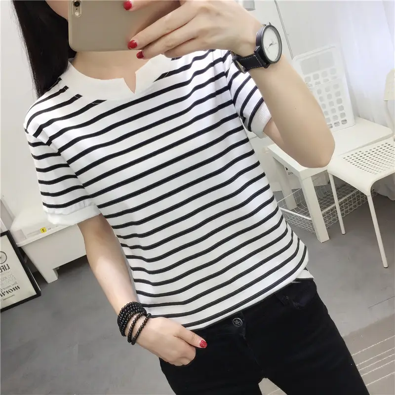 Women Striped Cotton T-Shirt Navy White Plus Size - Image 2