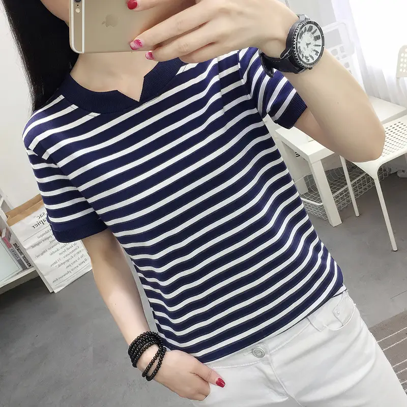 Women Striped Cotton T-Shirt Navy White Plus Size - Image 3