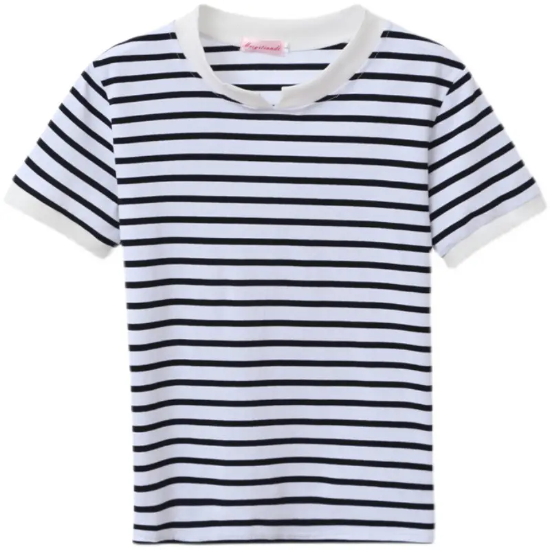 Women Striped Cotton T-Shirt Navy White Plus Size - Image 5