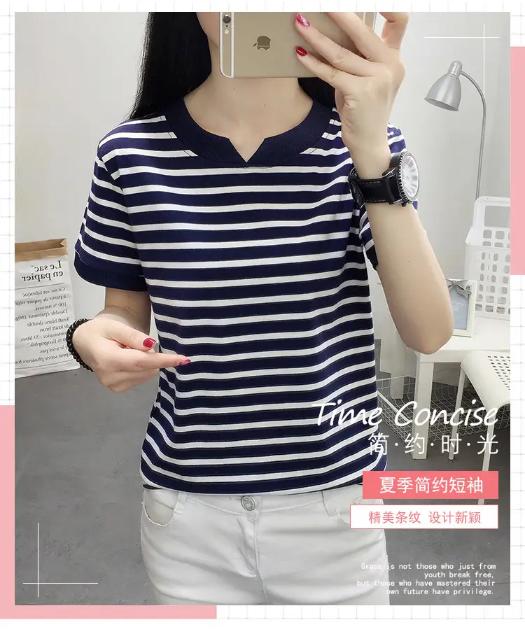 Women Striped Cotton T-Shirt Navy White Plus Size — feature 1