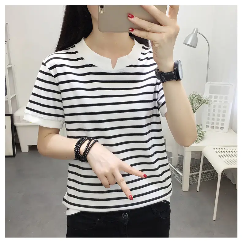 Women Striped Cotton T-Shirt Navy White Plus Size — feature 10