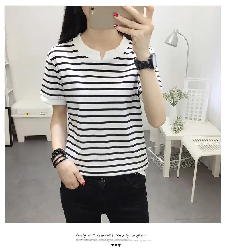 Women Striped Cotton T-Shirt Navy White Plus Size — feature 11
