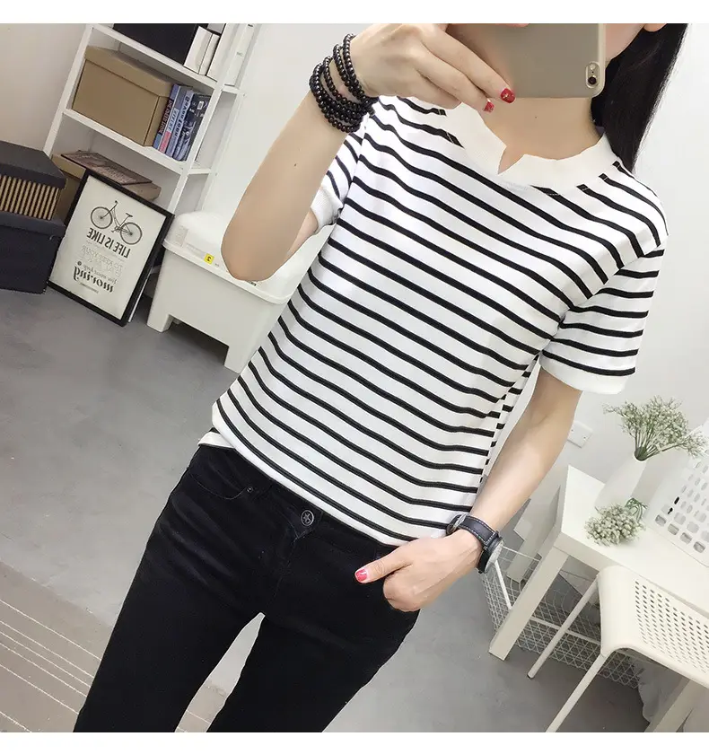 Women Striped Cotton T-Shirt Navy White Plus Size — feature 12