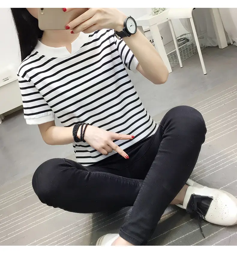 Women Striped Cotton T-Shirt Navy White Plus Size — feature 13