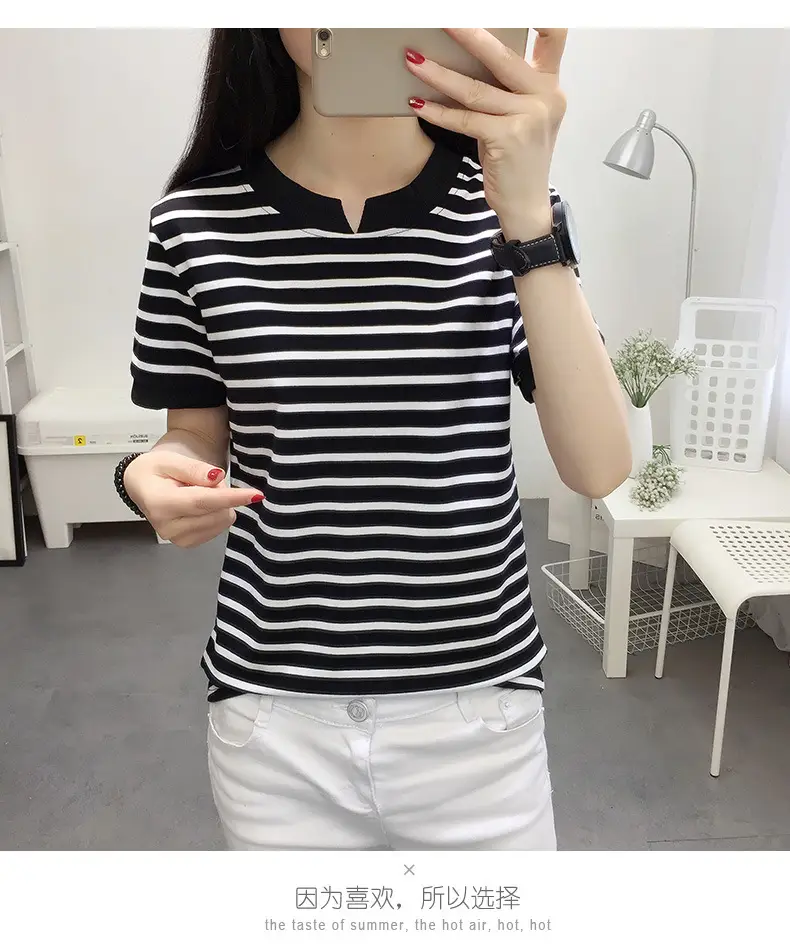 Women Striped Cotton T-Shirt Navy White Plus Size — feature 14
