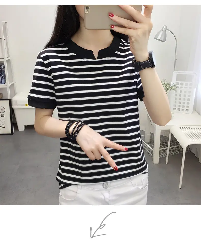 Women Striped Cotton T-Shirt Navy White Plus Size — feature 15