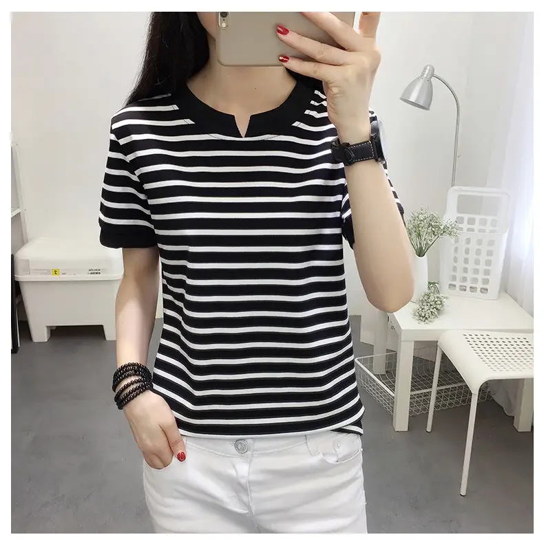 Women Striped Cotton T-Shirt Navy White Plus Size — feature 16