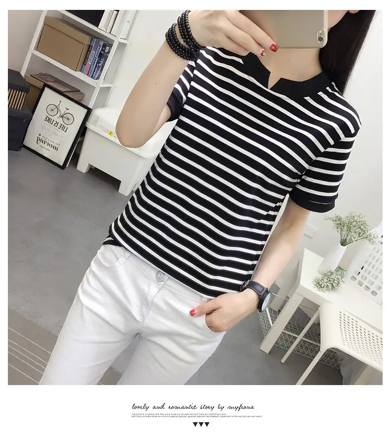 Women Striped Cotton T-Shirt Navy White Plus Size — feature 17