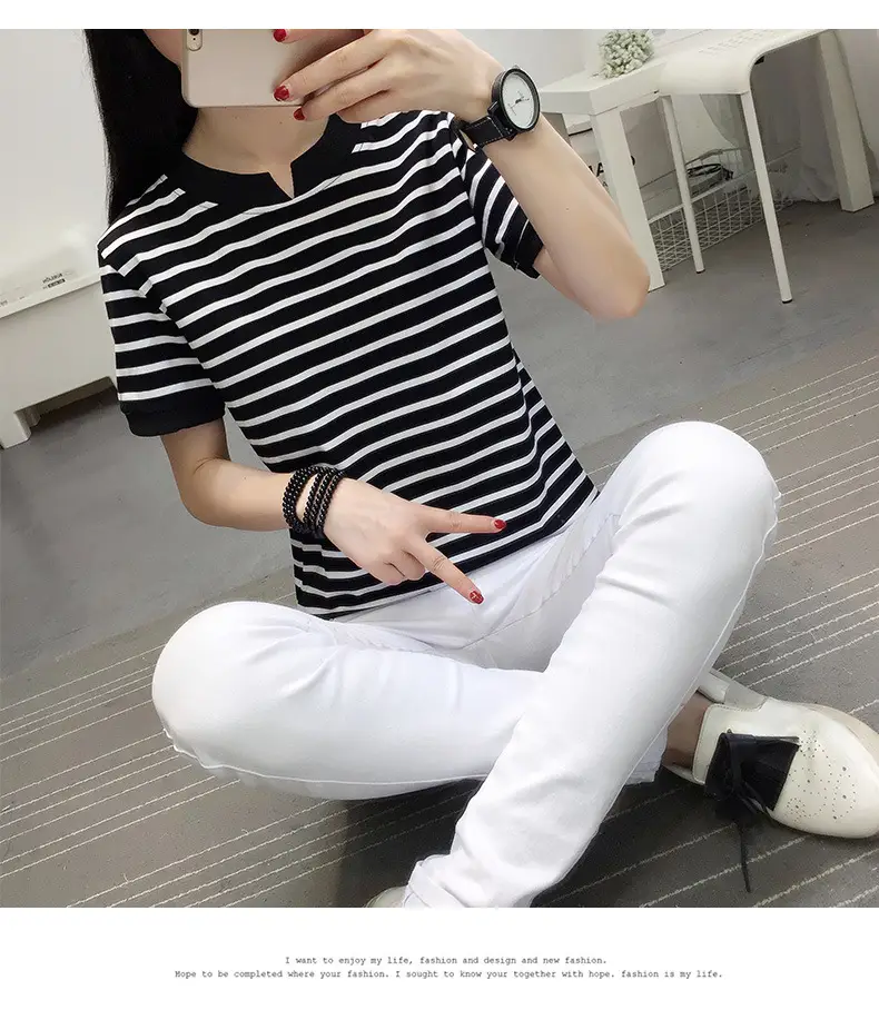 Women Striped Cotton T-Shirt Navy White Plus Size — feature 18