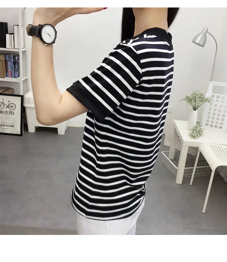 Women Striped Cotton T-Shirt Navy White Plus Size — feature 19