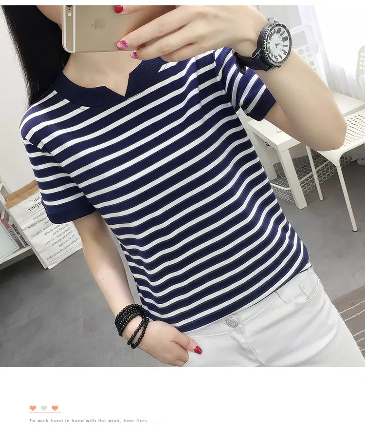 Women Striped Cotton T-Shirt Navy White Plus Size — feature 21