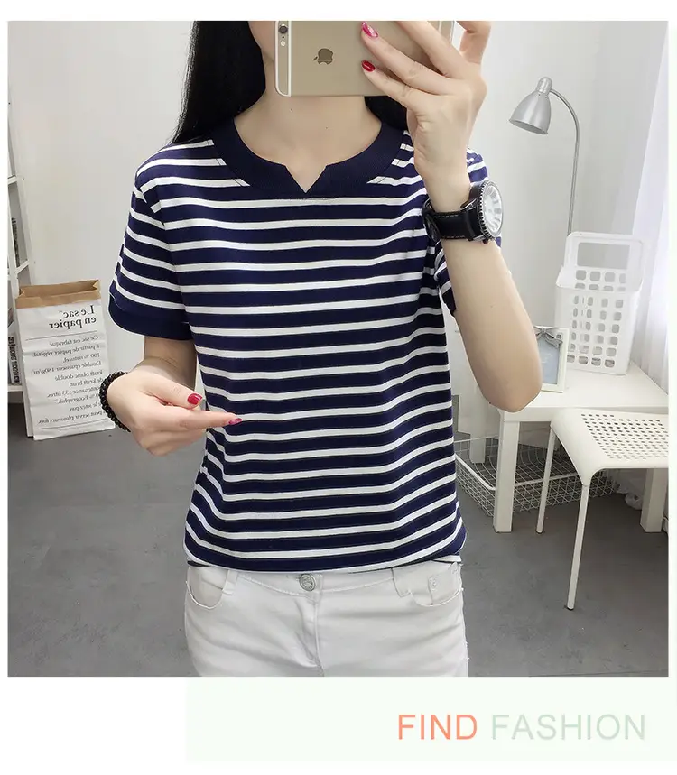 Women Striped Cotton T-Shirt Navy White Plus Size — feature 22