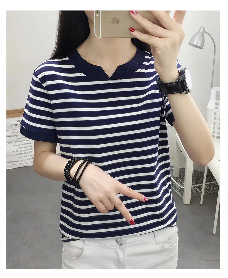 Women Striped Cotton T-Shirt Navy White Plus Size — feature 23