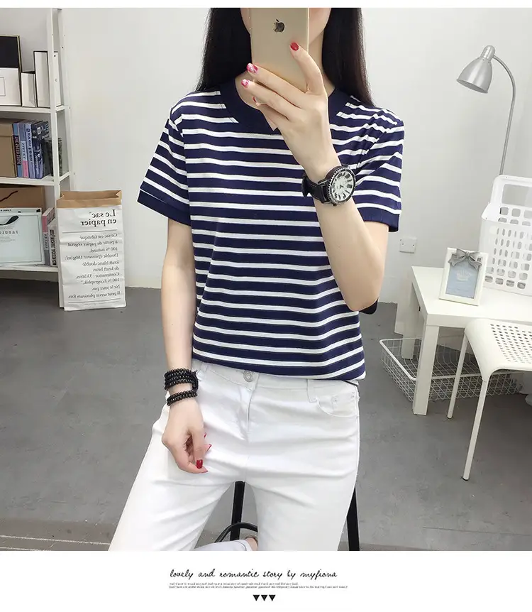 Women Striped Cotton T-Shirt Navy White Plus Size — feature 24