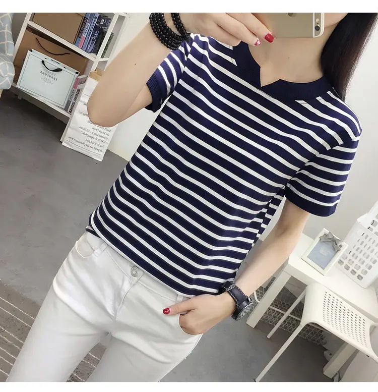 Women Striped Cotton T-Shirt Navy White Plus Size — feature 25