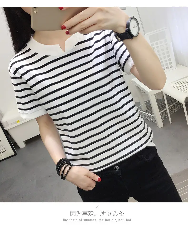 Women Striped Cotton T-Shirt Navy White Plus Size — feature 8