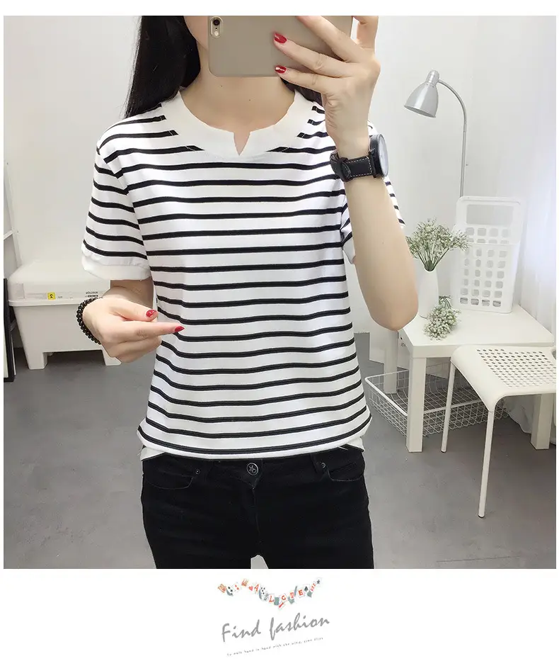 Women Striped Cotton T-Shirt Navy White Plus Size — feature 9