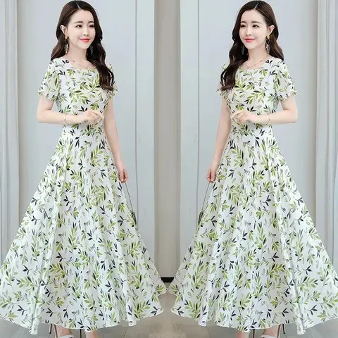 Women's Ice Silk Printed Skirt Dress Summer Elegant Long