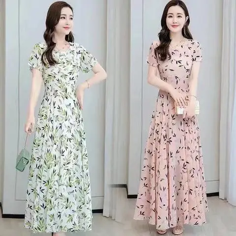 Women's Ice Silk Printed Skirt Dress Summer Elegant Long